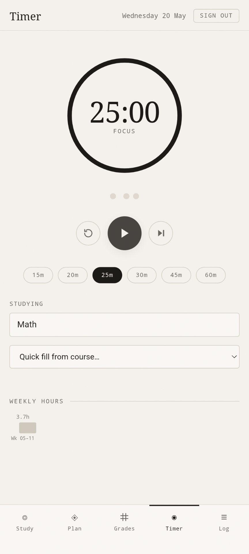StudyDesk Pomodoro logger